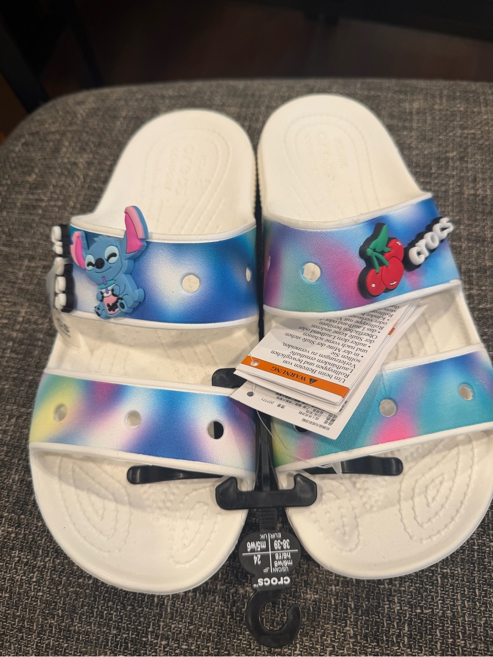CROCS M6/W8 White Slide Sandals w/ Rainbow Gradient Straps & Character Charms
